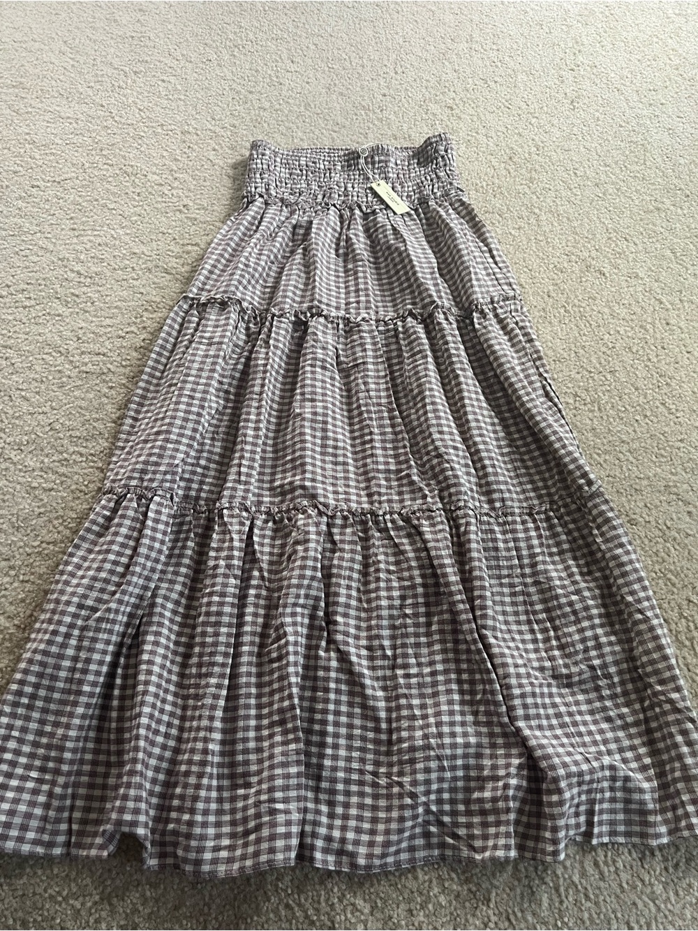 Smocked Waist Gingham Maxi Skirt - Brown/White